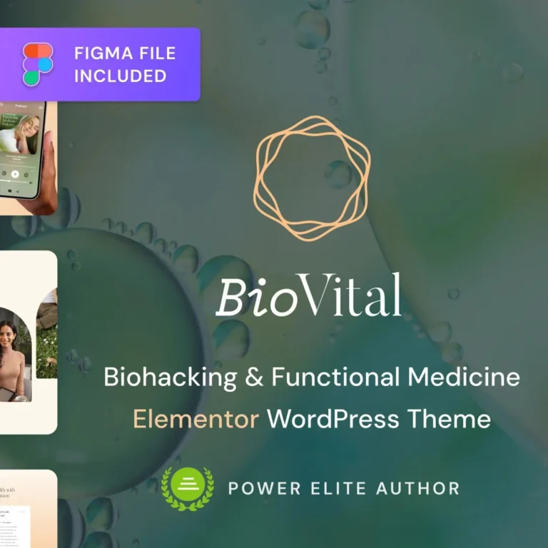 Description DEMO LINK BioVital is a modern and feature-rich doctor and medical WordPress theme, designed for holistic health clinics, functional medicine practitioners, biohackers, preventative medicine doctors and other medical and wellness product brands. This medical theme comes with 3 versatile homepages and 6 designer color palettes. Just a quick import, and you receive an elaborated website with all the needed content. You can choose a color palette that suits your needs best – each palette comes with all demo content included! Holistic Health Clinic – Ideal for wellness centers, naturopathy clinics, and integrative medicine practices. A fully functional clinic website that can be set up really easily and fast. Functional Medicine Practitioner – Tailored for individual medical practitioners, specializing in alternative medicine, functional doctors and other medical practitioners with holistic approach. Medical Product Landing – Designed for selling wellness supplements, herbal remedies, and biohacking products with full WooCommerce integration. All icons and images are included in the demo content! Powerful Features for Medical & Wellness Professionals: Custom Post Types for Medical Services – Highlight key offerings such as Naturopathic Medicine, Advanced Diagnostics, Acupuncture, Intravenous (IV) Therapy, Brain Boost, Integrative Massage Therapy and any other medical services. Doctor Profiles – Showcase clinic team members with dedicated bio sections. Blog for Health Insights – Share expert content on alternative medicine, biohacking, functional medicine, and wellness trends. WooCommerce Ready – Sell supplements, therapies, and wellness programs directly from your site. Take your functional medicine or holistic health business to the next level with BioVital! What kind of websites is this theme good for? Functional & Integrative Medicine Clinics Holistic Health Centers Individual Health Practitioners Functional Medicine Doctors Naturopaths, Acupuncturists, and Alternative Therapists Biohacking Specialists Biohacking & Wellness Product Stores eCommerce Stores for Natural Health Products Alternative Medicine Centers Energy Healing, and Wellness Retreats Mind-body Therapies, Brain Optimization, and Anti-aging Solutions Health & Wellness Blogs Other medical and wellness professional’s websites What Niche Functionality is Inside? Doctor’s Profiles Post Type Clinic Team Page Medical Services Post Type Medical Services Page About Us, Blog and Contacts Pages WooCommerce Shop Mega Menu Functionality Popup Templates Builder A Pack of Custom Icons! What Else is Inside? Premium Elementor Addon included for free! 70+ custom premium Elementor widgets 50+ basic Elementor widgets 21+ WooCommerce Shop widgets Smart System: Templates! Smart System: Global Colors & Fonts Smart System: Header & Footer Builder Slider Revolution premium plugin included for free Custom Post Type UI Integration Smart System: Installation Wizard RTL and Multi-Language Ready All images included! Figma file included for free!
