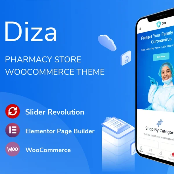 Description DEMO LINK Diza – Pharmacy Store Elementor WooCommerce Theme Do you have a private clinic? A pharmacy store? Or trade in medical devices? Do you want to develop your current business? Let’s start it with Diza now. Diza‘s clean and modern style is suitable for any online store. The theme is optimized for Elementor, so building a website will be easier than ever. And especially, the theme’s impressive mobile design will make your customers unable to take their eyes off your phone. Diza rocks a handy mobile menu which will take your shoppers to their desired product effortlessly. In total, you receive a whopping three hundred pages and get to benefit from the one-click demo content import. Enjoy the multiple contents now and have an eCommerce page up in close to no time. From mesmerizing home and product pages to several contact sections, a nifty checkout process and even a blog system, it is all there. And no, you do not need to be an experienced coder to be able to work with Diza. You do not even need to touch a single line of code, Diza makes customizing super newbie-friendly. Other treats of Diza are Slider Revolution, various shop and product layouts, speedy loading, search engine optimization, and multi-language and currency support. With the enormous set of features, you will find nothing missing in the Diza kit. FEATURES: Beautiful Home Pages Design WordPress 5.8+ Ready WooCommerce 6.0 Ready Revolution Slider 6.5 Ready Compatible with Elementor WOOF – WooCommerce Products Filter 2.1.x Ready Font Awesome Version 5 Ready Font Simple Line Icons Ready One Click Demo Installation Catalog mode Modern minimalist design Optimize design for mobile Mega main menu Vertical Menu Custom CSS & JS in Theme Settings Products carousel, latest posts carousel Grid view and list view for shop page Product Quick View supported Search Product AJAX supported Product Wishlist supported Product Compare supported Instagram Element supported MailChimp For WordPress supported Powered by Redux framework Social icon links Error 404 page included Flexible Theme Options High Speed & Performance Customized for Online Store SEO Optimized RTL Language Support Cross Browser Compatible Free Lifetime Updates
