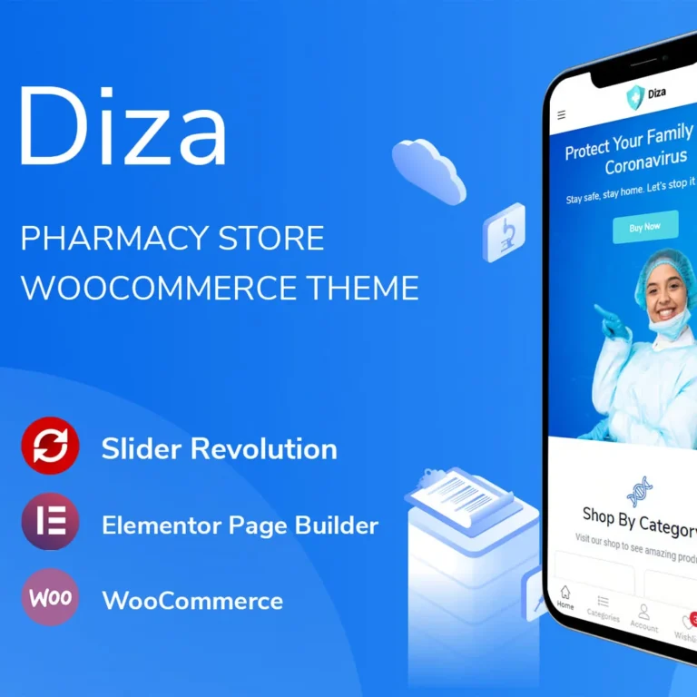 Description DEMO LINK Diza – Pharmacy Store Elementor WooCommerce Theme Do you have a private clinic? A pharmacy store? Or trade in medical devices? Do you want to develop your current business? Let’s start it with Diza now. Diza‘s clean and modern style is suitable for any online store. The theme is optimized for Elementor, so building a website will be easier than ever. And especially, the theme’s impressive mobile design will make your customers unable to take their eyes off your phone. Diza rocks a handy mobile menu which will take your shoppers to their desired product effortlessly. In total, you receive a whopping three hundred pages and get to benefit from the one-click demo content import. Enjoy the multiple contents now and have an eCommerce page up in close to no time. From mesmerizing home and product pages to several contact sections, a nifty checkout process and even a blog system, it is all there. And no, you do not need to be an experienced coder to be able to work with Diza. You do not even need to touch a single line of code, Diza makes customizing super newbie-friendly. Other treats of Diza are Slider Revolution, various shop and product layouts, speedy loading, search engine optimization, and multi-language and currency support. With the enormous set of features, you will find nothing missing in the Diza kit. FEATURES: Beautiful Home Pages Design WordPress 5.8+ Ready WooCommerce 6.0 Ready Revolution Slider 6.5 Ready Compatible with Elementor WOOF – WooCommerce Products Filter 2.1.x Ready Font Awesome Version 5 Ready Font Simple Line Icons Ready One Click Demo Installation Catalog mode Modern minimalist design Optimize design for mobile Mega main menu Vertical Menu Custom CSS & JS in Theme Settings Products carousel, latest posts carousel Grid view and list view for shop page Product Quick View supported Search Product AJAX supported Product Wishlist supported Product Compare supported Instagram Element supported MailChimp For WordPress supported Powered by Redux framework Social icon links Error 404 page included Flexible Theme Options High Speed & Performance Customized for Online Store SEO Optimized RTL Language Support Cross Browser Compatible Free Lifetime Updates